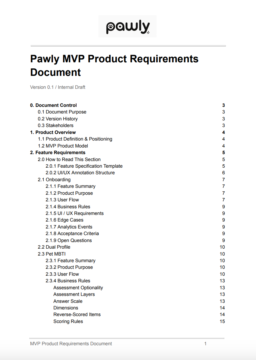 Pawly MVP PRD cover page and table of contents