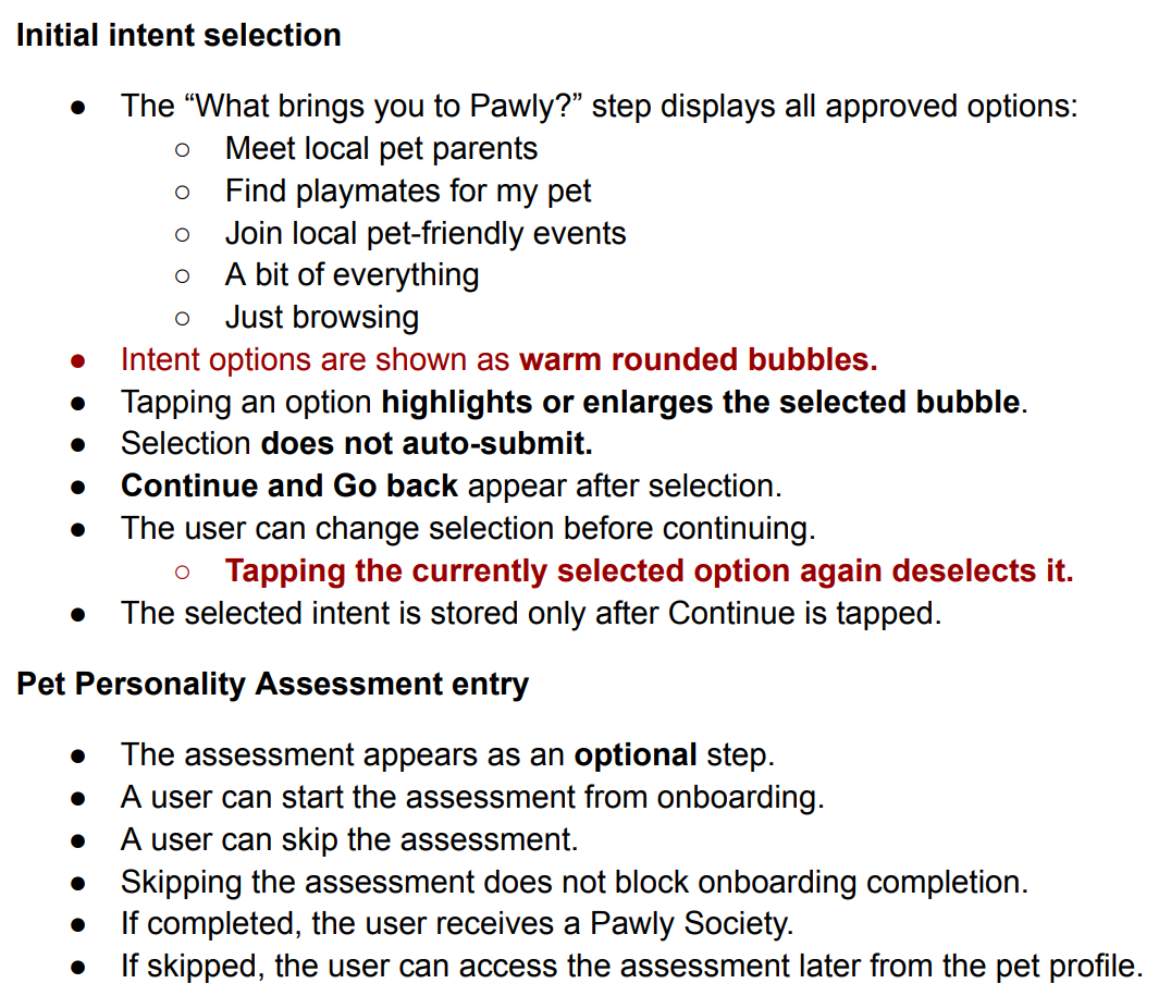 Initial intent selection and Pet Personality Assessment entry criteria