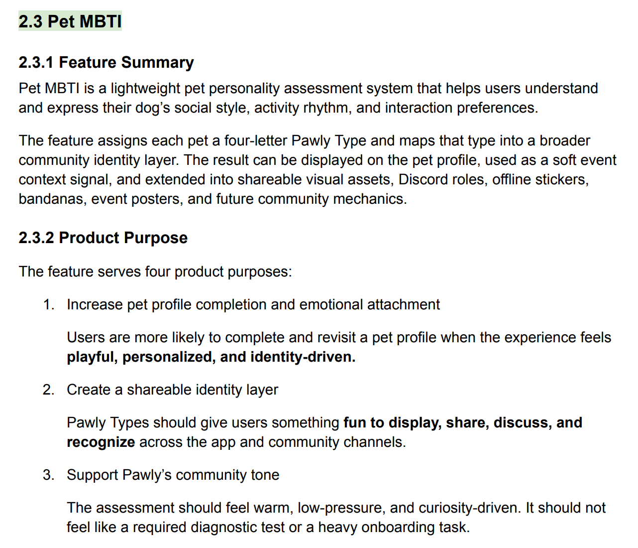 2.3 Pet MBTI — feature summary and product purpose