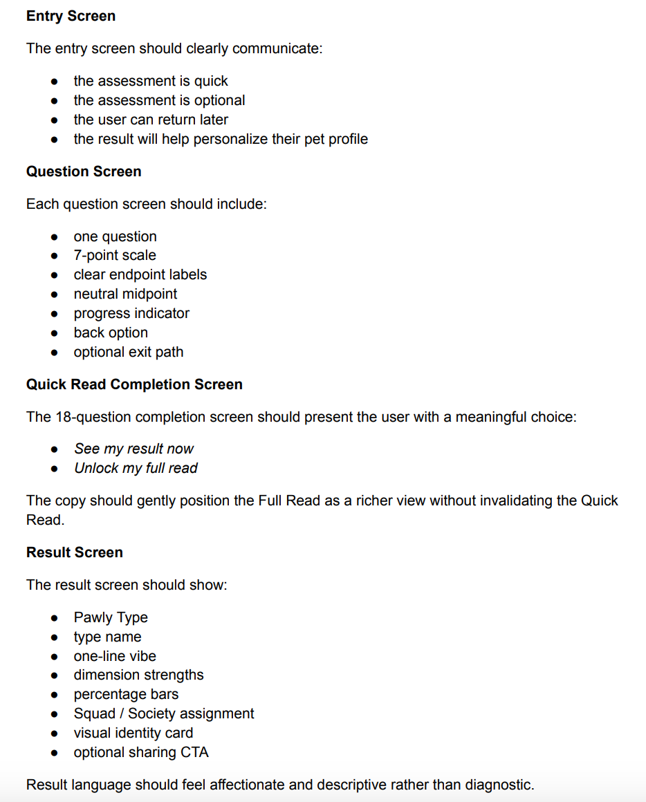 Entry, Question, Completion, and Result screens for Pet MBTI