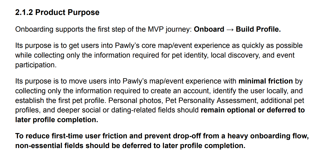2.1.2 Product Purpose — onboarding scope and friction reduction