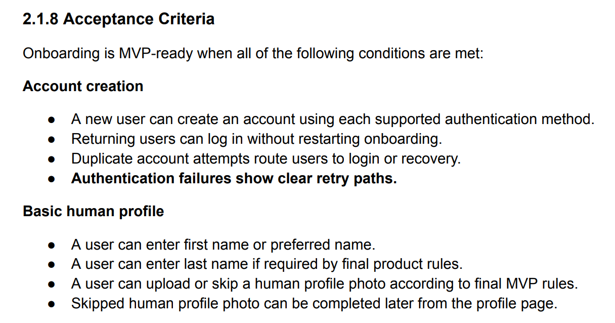 2.1.8 Acceptance Criteria — onboarding MVP-readiness checklist